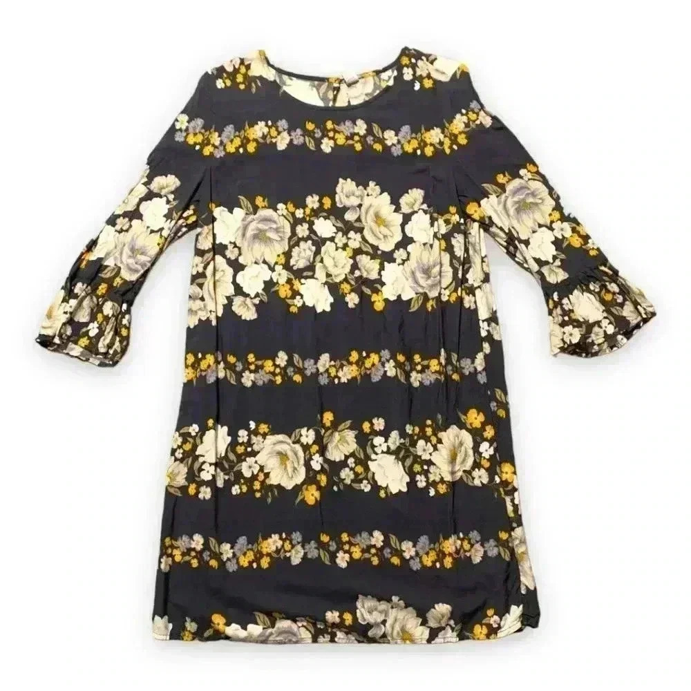 Old Navy 3/4 Ruffle Sleeve Gray with Floral Print Back Cutout Mini Dress - Picture 1 of 9